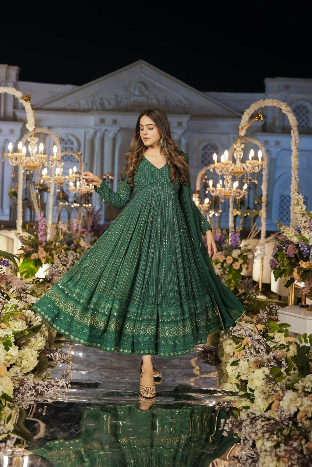 Aayaa Designer Embroidery Zari Sequins Work Faux Blooming Georgette Suit - Green | Grocsy