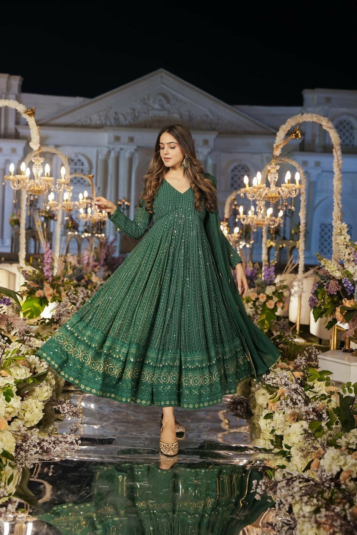 Aayaa Designer Embroidery Zari Sequins Work Faux Blooming Georgette Suit - Green | Grocsy