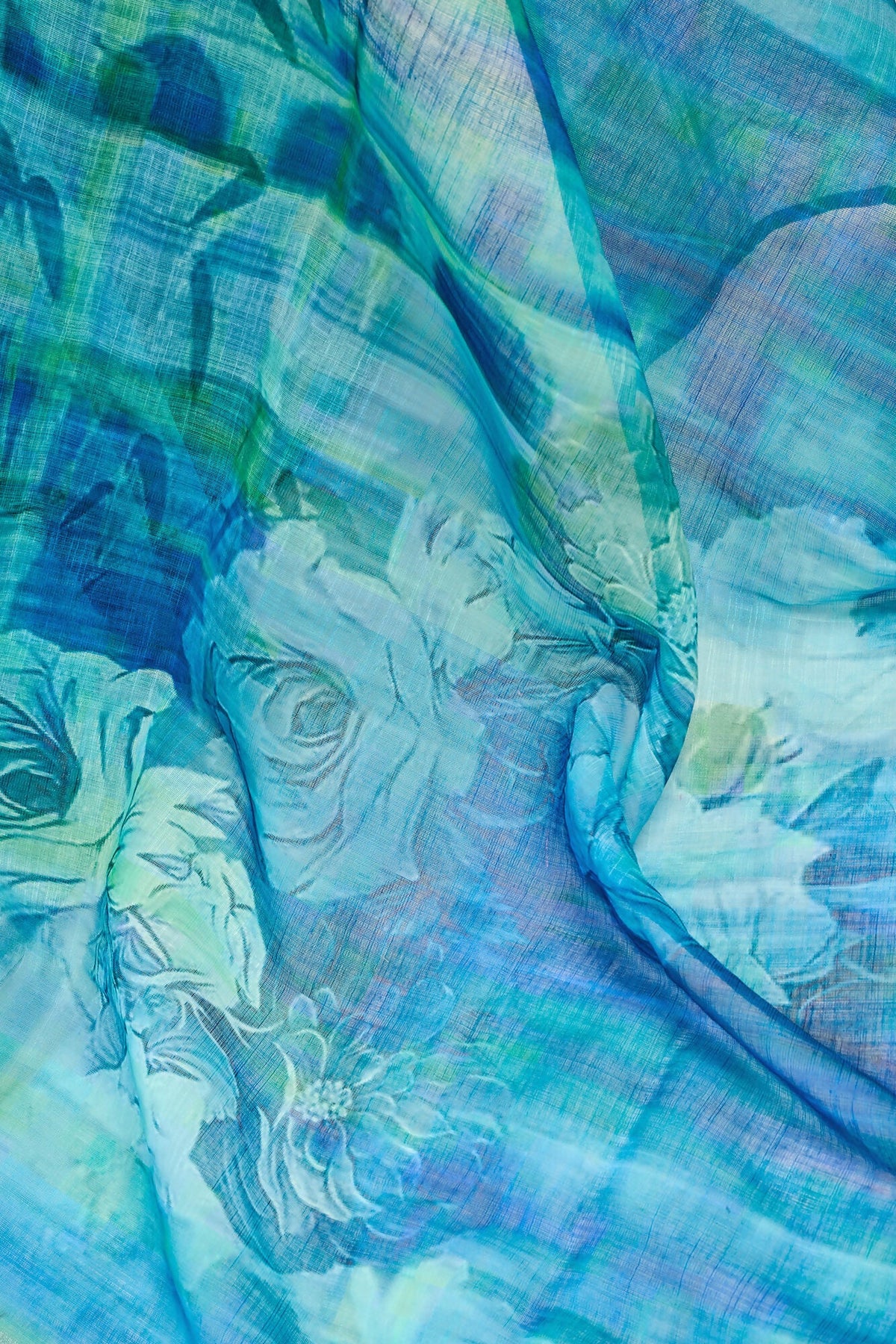 Vastranavya Aqua Blue Digital Printed Linen Ready To Wear Designer Saree with Unstitched Blouse | Grocsy