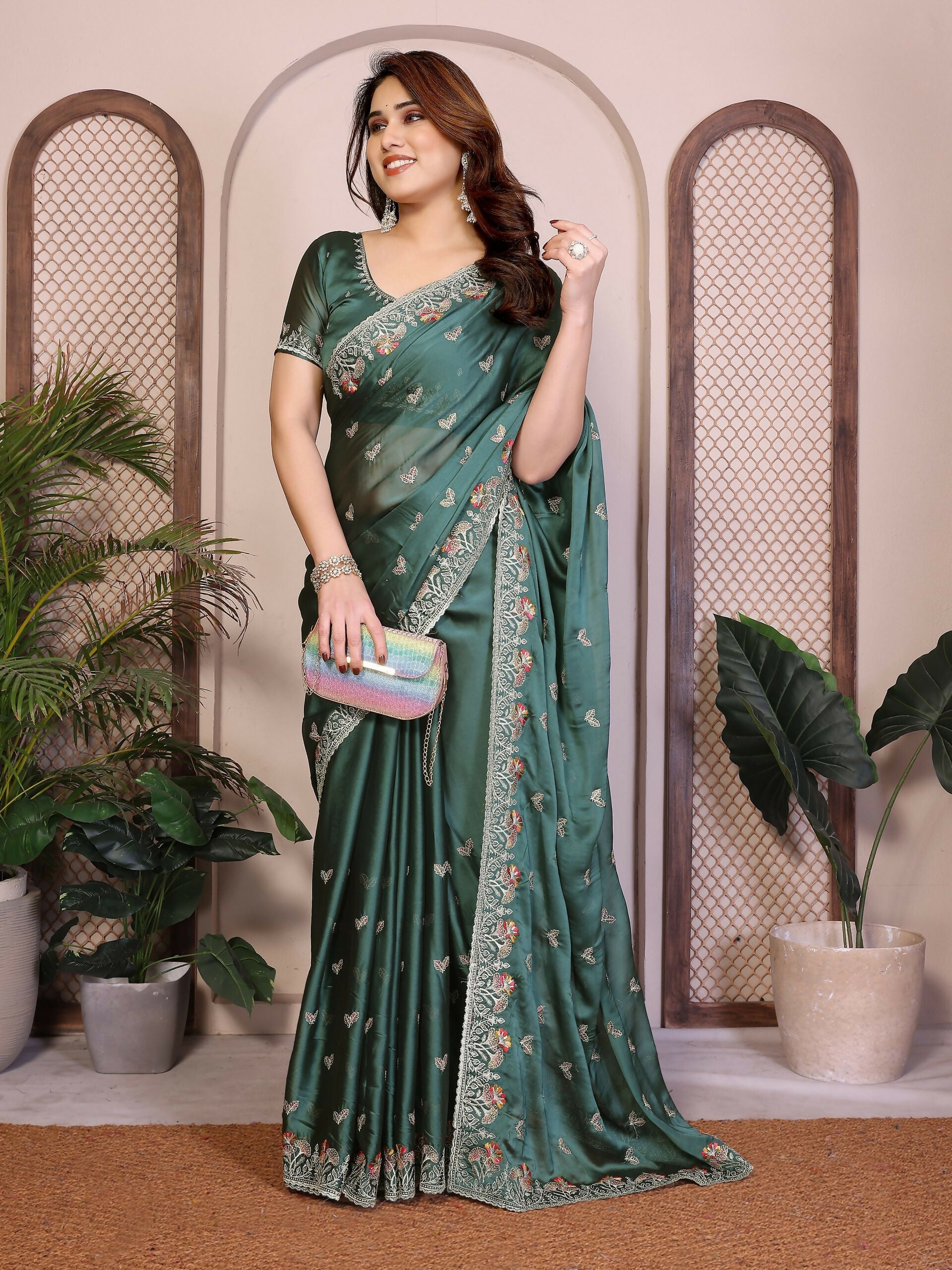 Teeya Creation New Trendy Stylish Party Wear Silk Saree-Green | Grocsy