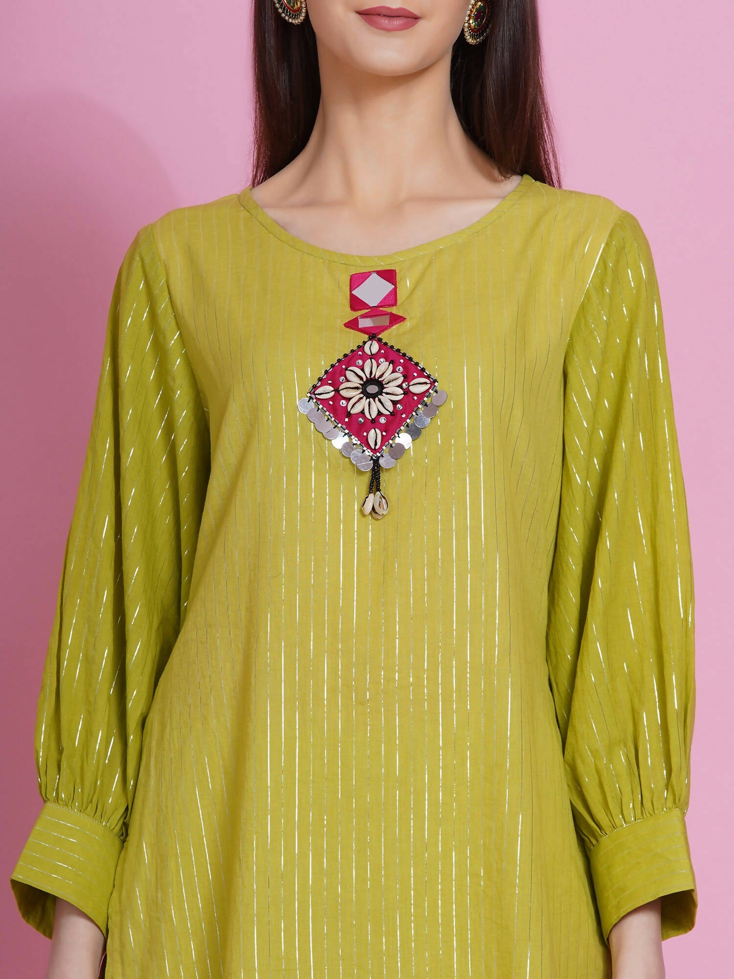 Women Republic Green Lurex Cotton Hand Embroidered Kurta With Pants | Grocsy