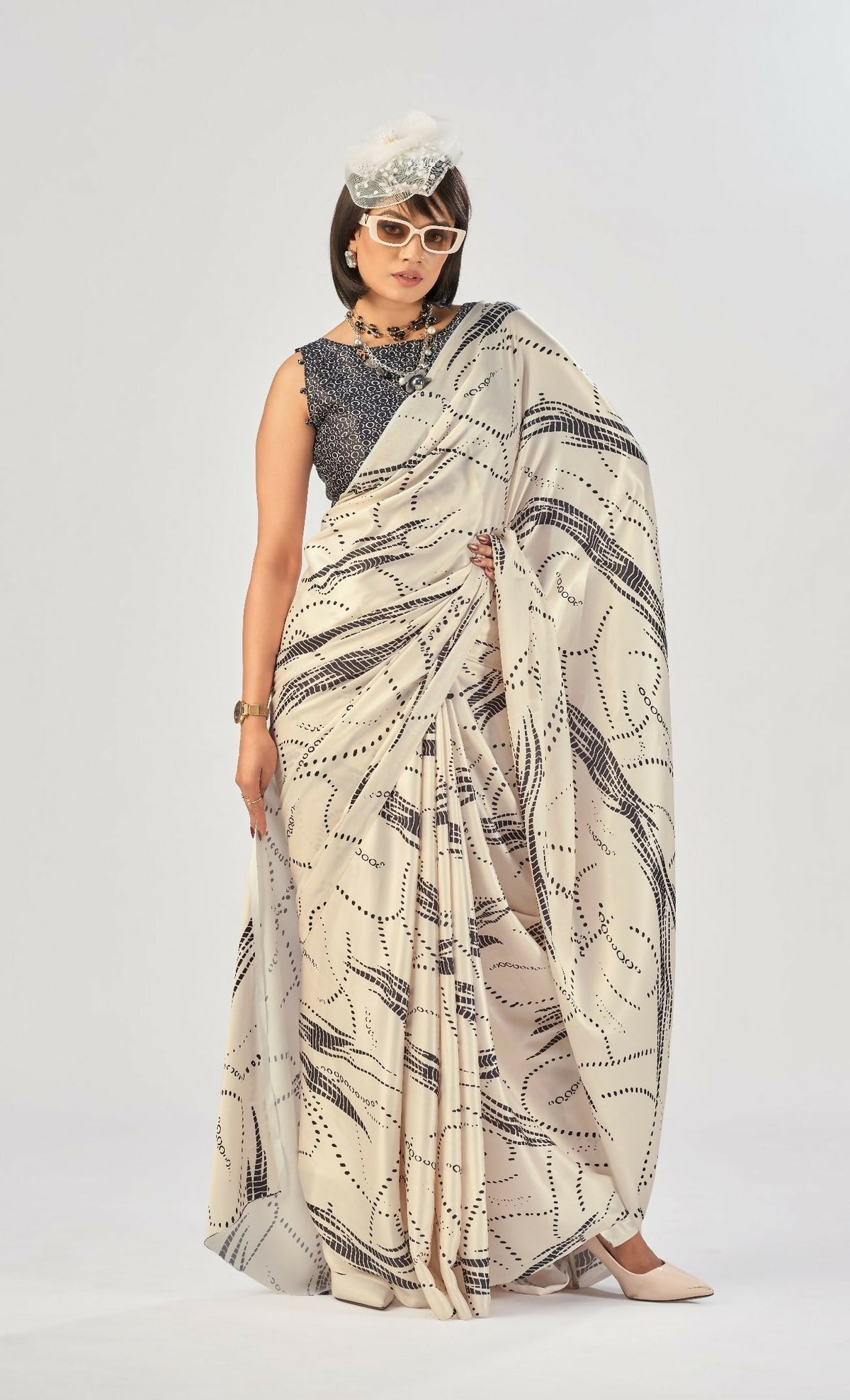 Vastranavya Off White Satin Silk Elegant Printed Saree with Unstitched Blouse | Grocsy