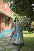 Jyoti Fashion Women's Sky Blue Russian Silk Digital Print with Embroidered Anarkali Dress with Dupatta | Grocsy