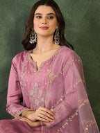 The52 Women's Gorgeous Embroidery Work Viscose Silk Fabric A-line Kurta Sharara and Dupatta Set | Grocsy