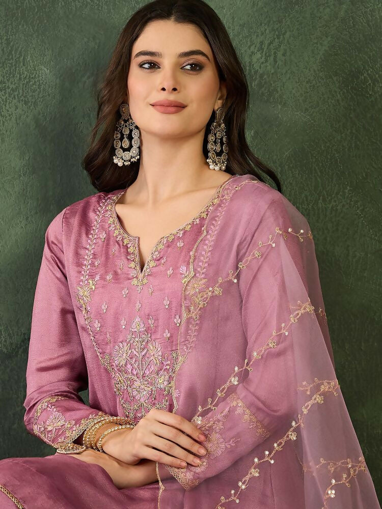 The52 Women's Gorgeous Embroidery Work Viscose Silk Fabric A-line Kurta Sharara and Dupatta Set | Grocsy