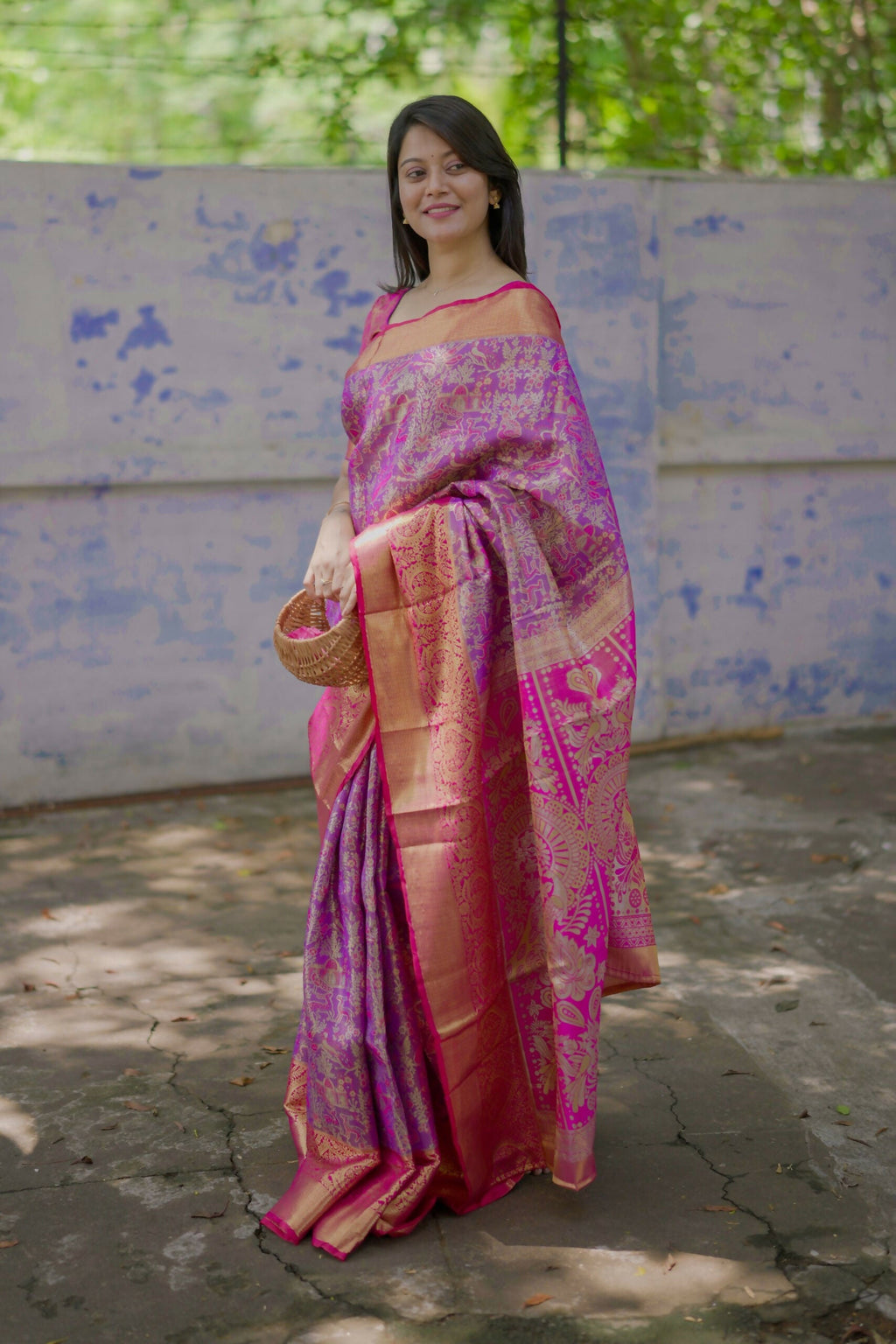 Prime Volt Royal Bridal Kanjivaram Silk Saree with Zari Weaving & Contrast Pink Pallu-Purple | Grocsy