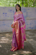 Prime Volt Royal Bridal Kanjivaram Silk Saree with Zari Weaving & Contrast Pink Pallu-Purple | Grocsy