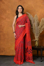 Very Much Indian Handblock Printed Cotton Saree With Natural Dyes - Red | Grocsy