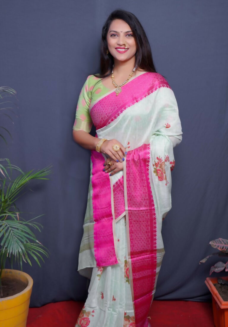 Jyoti Fashion Women's Magenta Linen Silk Digital Print with Jacquard Woven Border Saree with Blouse | Grocsy
