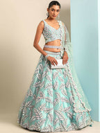 House of Panchhi Turquoise Blue Organza Sequins & Zarkan embroidery Lehenga choli & Dupatta | Grocsy