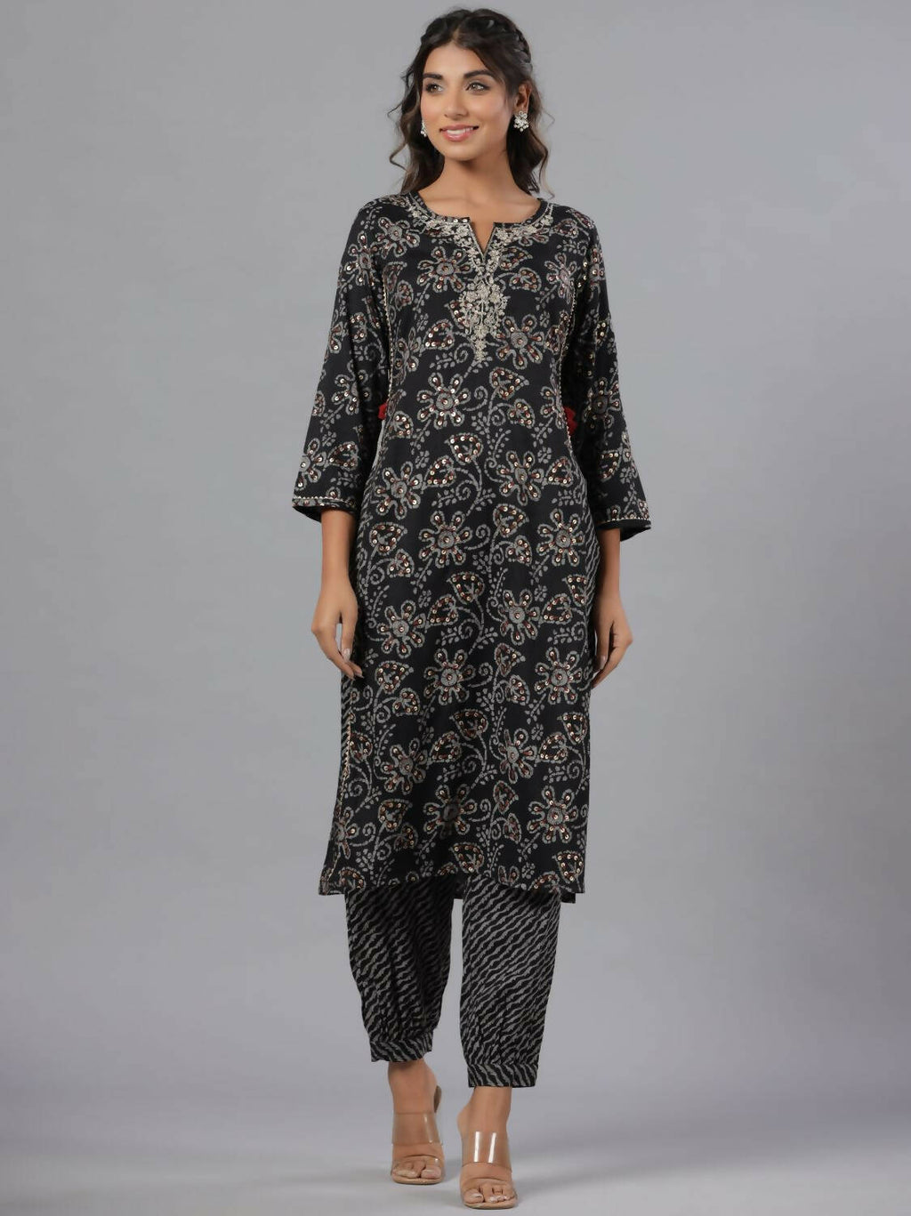 Juniper Women Black Rayon Slub Printed with Embroidered Kurta and Pants Set | Grocsy