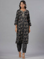Juniper Women Black Rayon Slub Printed with Embroidered Kurta and Pants Set | Grocsy