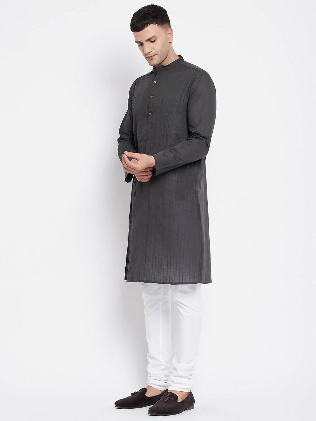 Even Apparels Grey Pure Cotton Men's Kurta With Band Collar | Grocsy