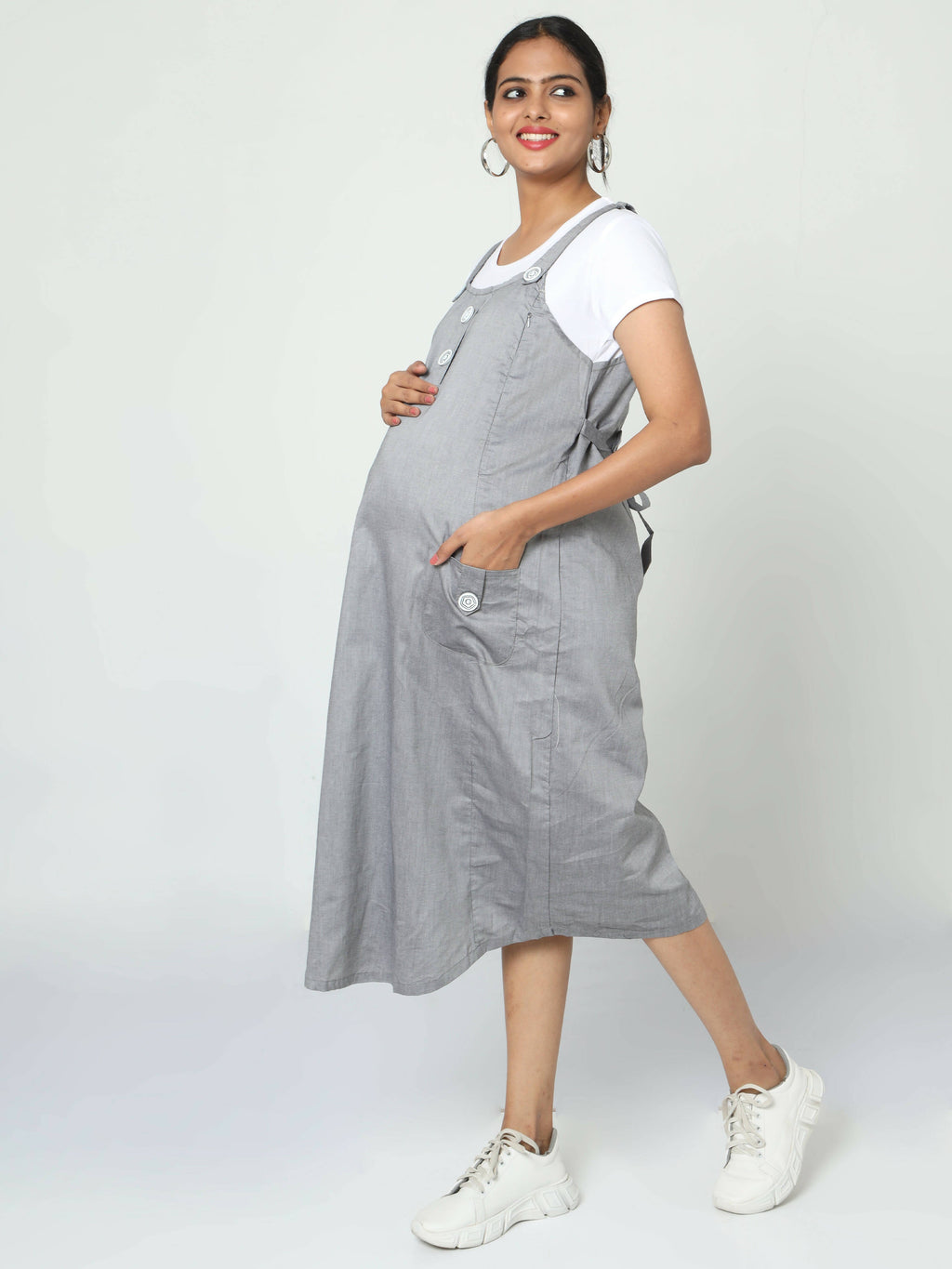 Manet Half Sleeves Solid Maternity Dress With Concealed Zipper Nursing Access - Grey | Grocsy