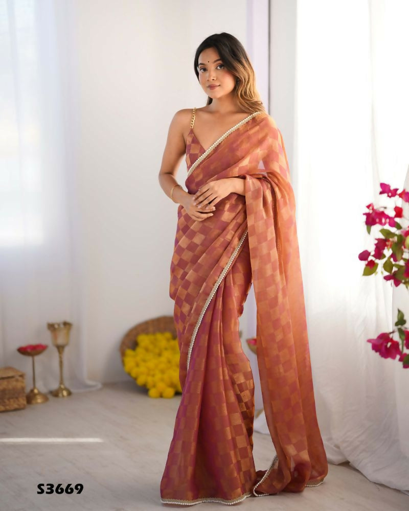 NC Chiffon Chex Wevon Chex Designer, Lace Party Wear Saree - Rust | Grocsy