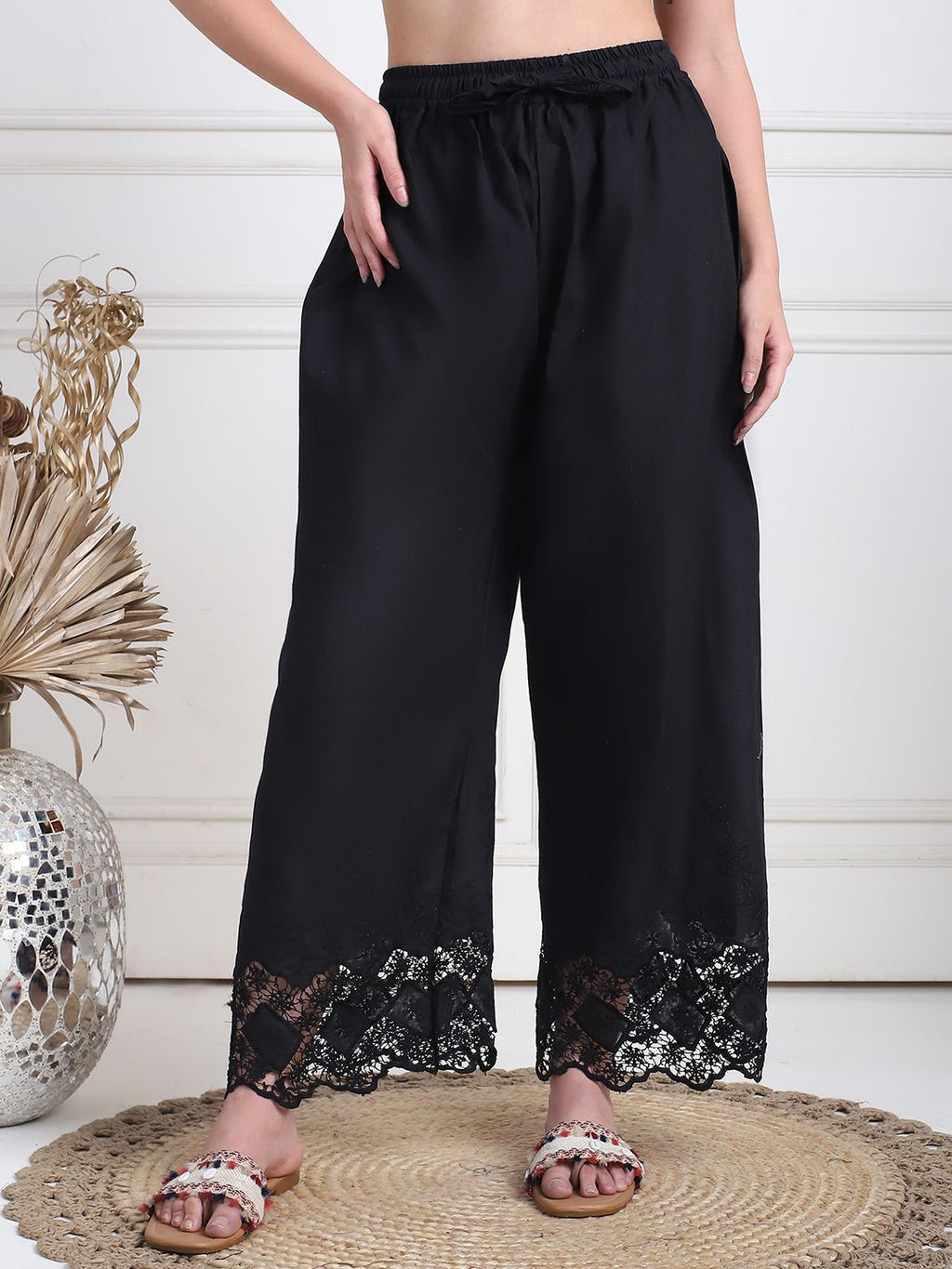 TAG 7 Women Floral Hem Design Flared Ethnic Palazzos | Grocsy