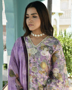 Vaasva Women's Purple Tissue Gota Embroidered Suit Set With Solid Pant And Embroidered Dupatta | Grocsy