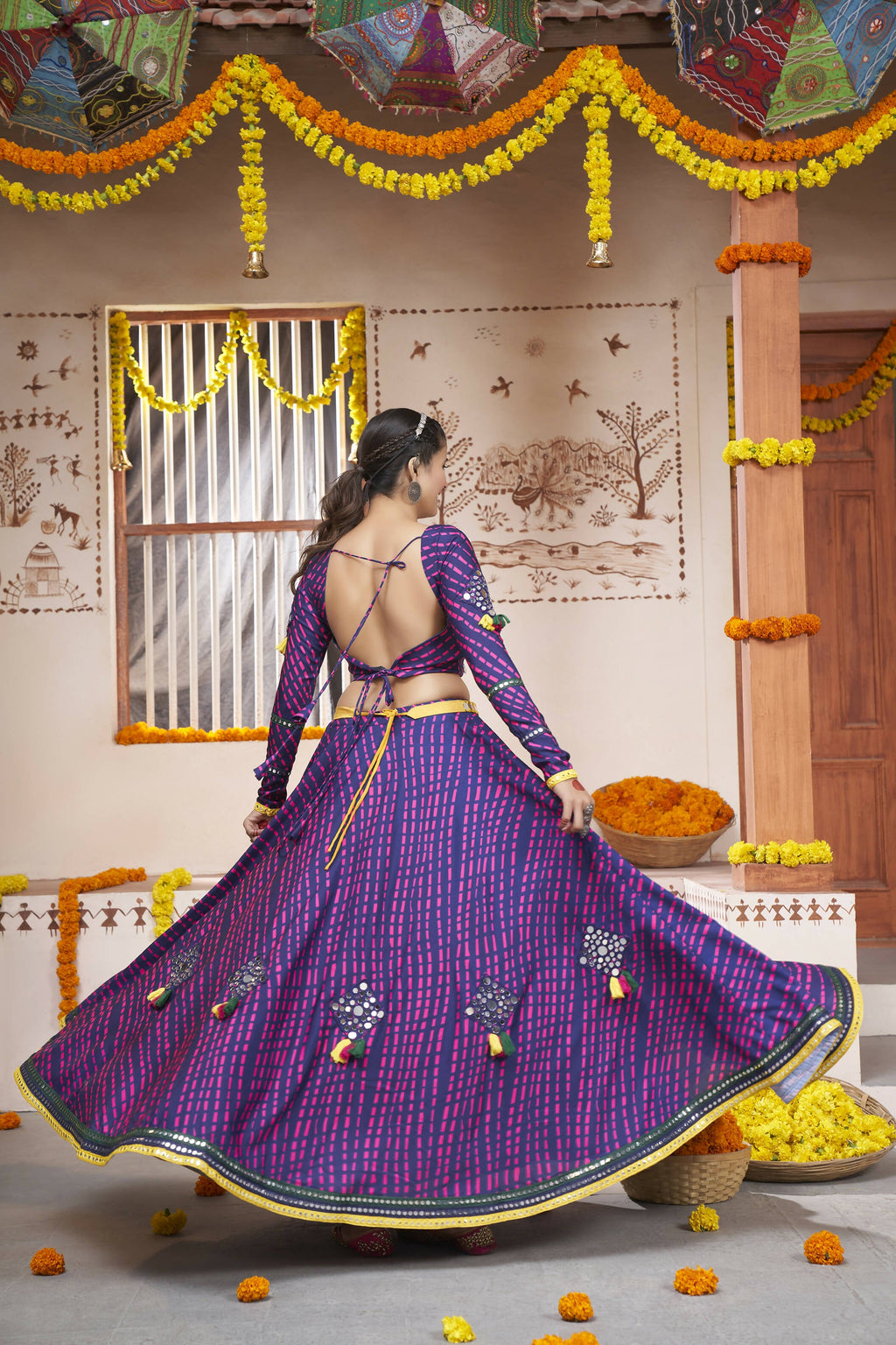 Blue Rayon All over Print with Embroidery Patch Work Navratri Lehenga Choli with Dupatta - Raas | Grocsy