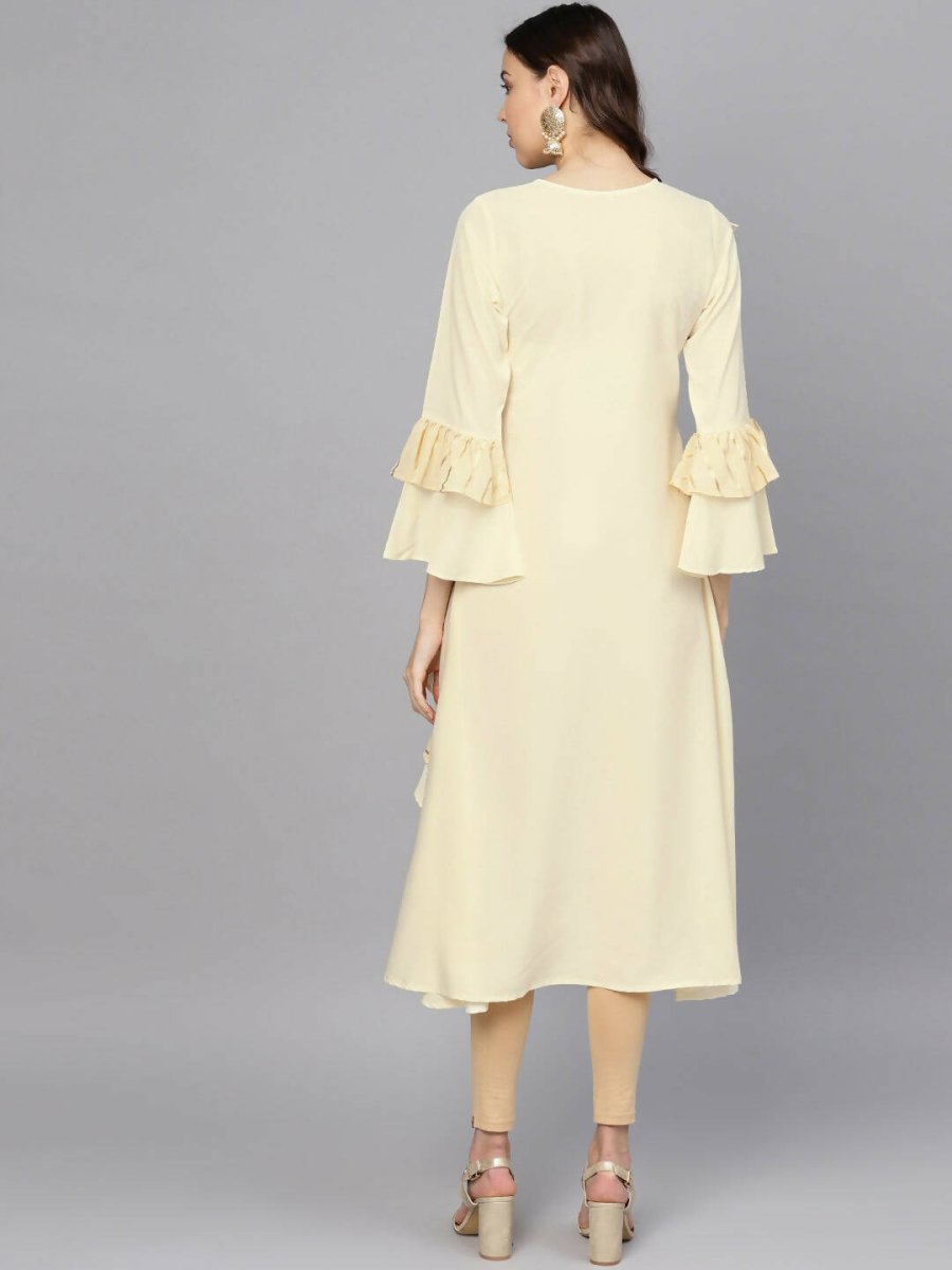 Ahalyaa Cream Crepe Angarkha Style Ruffled Kurta For Women | Grocsy