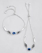VOJ Set of 2 Silver Plated Flower And Evil Eye HandCrafted Anklet | Grocsy