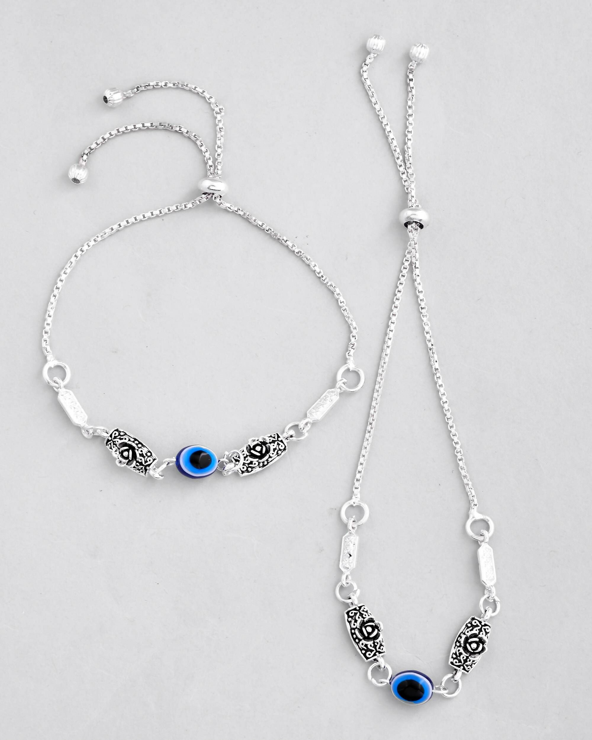 VOJ Set of 2 Silver Plated Flower And Evil Eye HandCrafted Anklet | Grocsy
