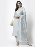 Myshka Grey Silk Blend Embroidered 3/4 Sleeve Round Neck Kurta Pant Dupatta Set | Grocsy