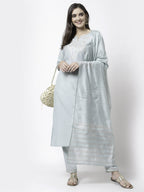 Myshka Grey Silk Blend Embroidered 3/4 Sleeve Round Neck Kurta Pant Dupatta Set | Grocsy