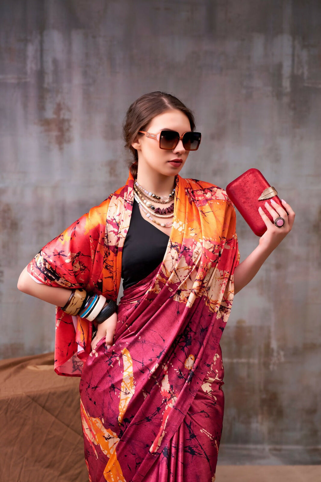 Vastranavya Maroon Satin Silk Printed Saree with a Natural Silk Unstitched Blouse | Grocsy