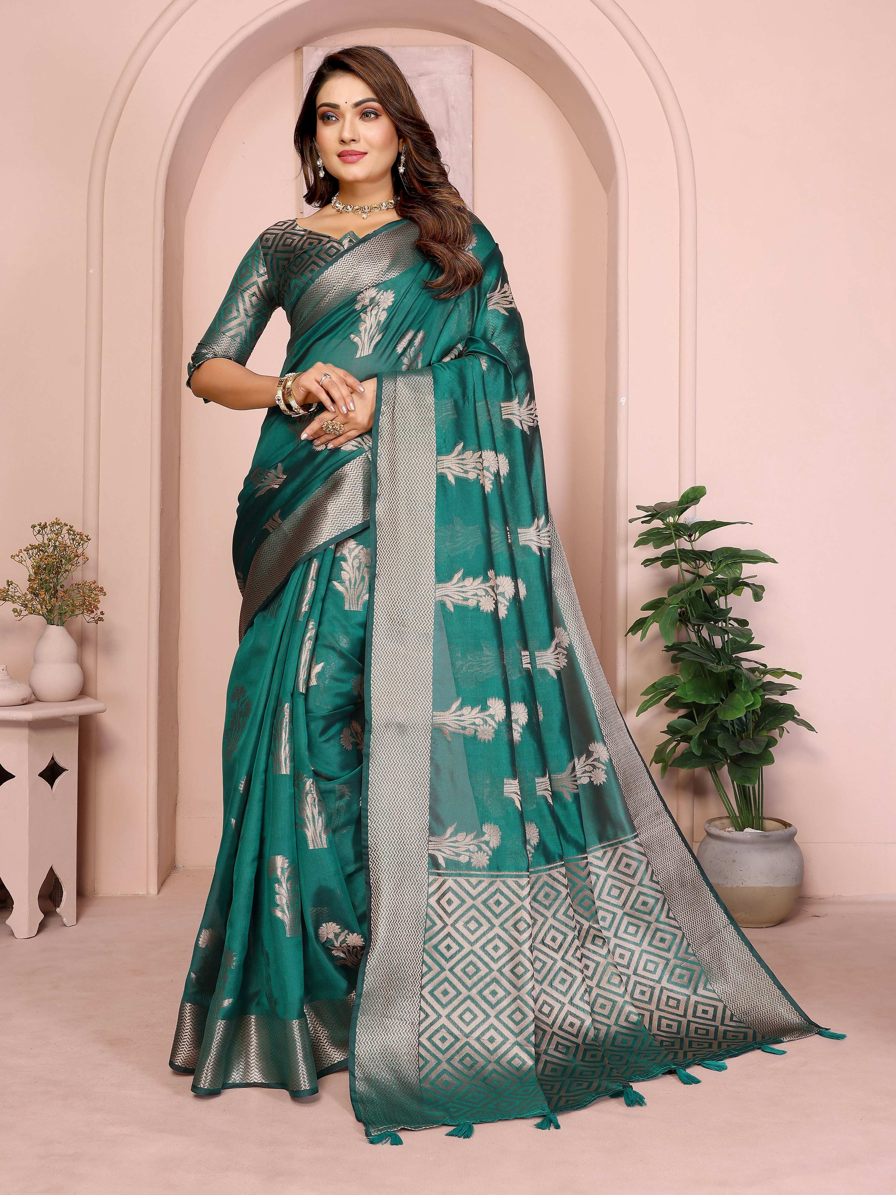 Aastha Fashion Green Soft Organza Silk Weaving Saree | Grocsy