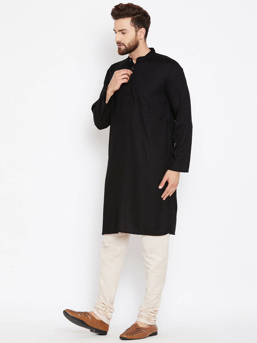 Even Apparels Black Pure Cotton Band Collar Men's Kurta | Grocsy
