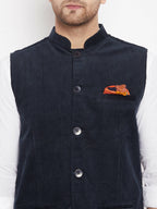 Even Apparels Navy Polyester Men's Nehru Jacket-Contrast Lining-Inbuilt Pocket Square | Grocsy