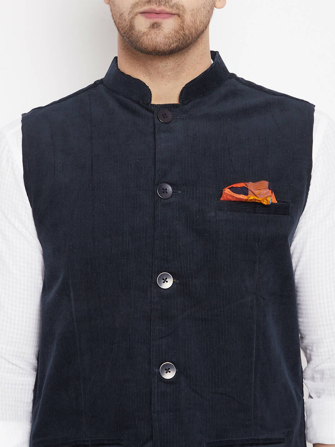 Even Apparels Navy Polyester Men's Nehru Jacket-Contrast Lining-Inbuilt Pocket Square | Grocsy