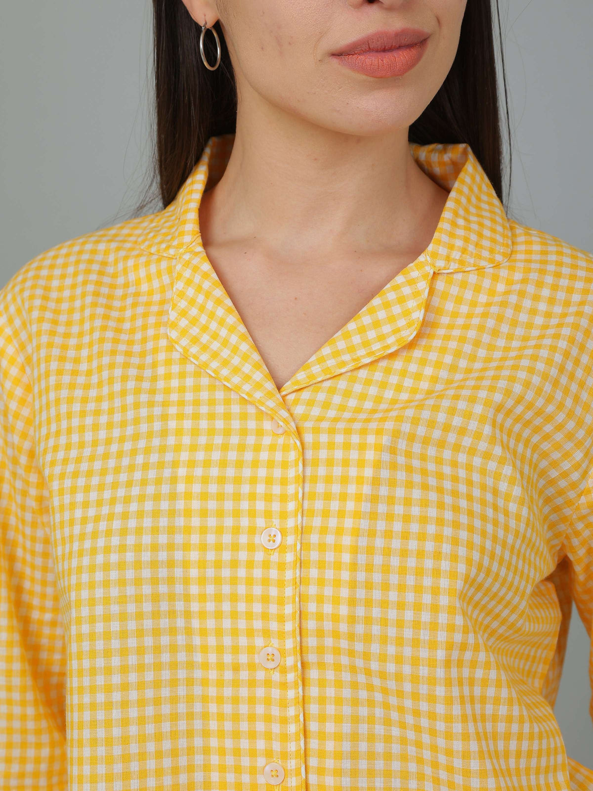 Breathables Women Cotton Checks Night Suit Shirt And Pants Co-Ord Set I Night Wear-Yellow | Grocsy