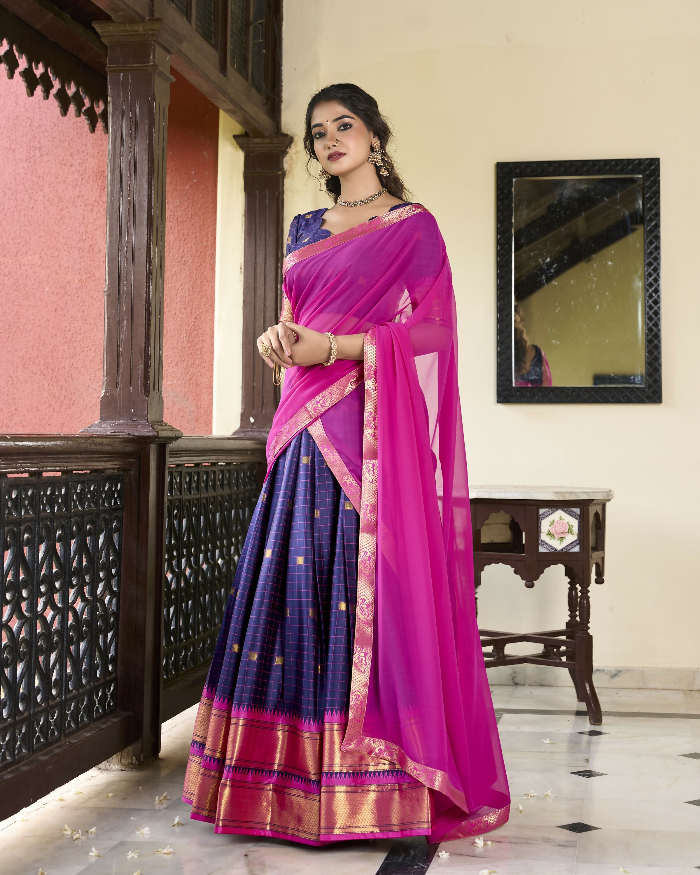 Lorenvalley Navyblue Cotton Silk Weaving Work With Paithani Concept Lehenga Choli | Grocsy