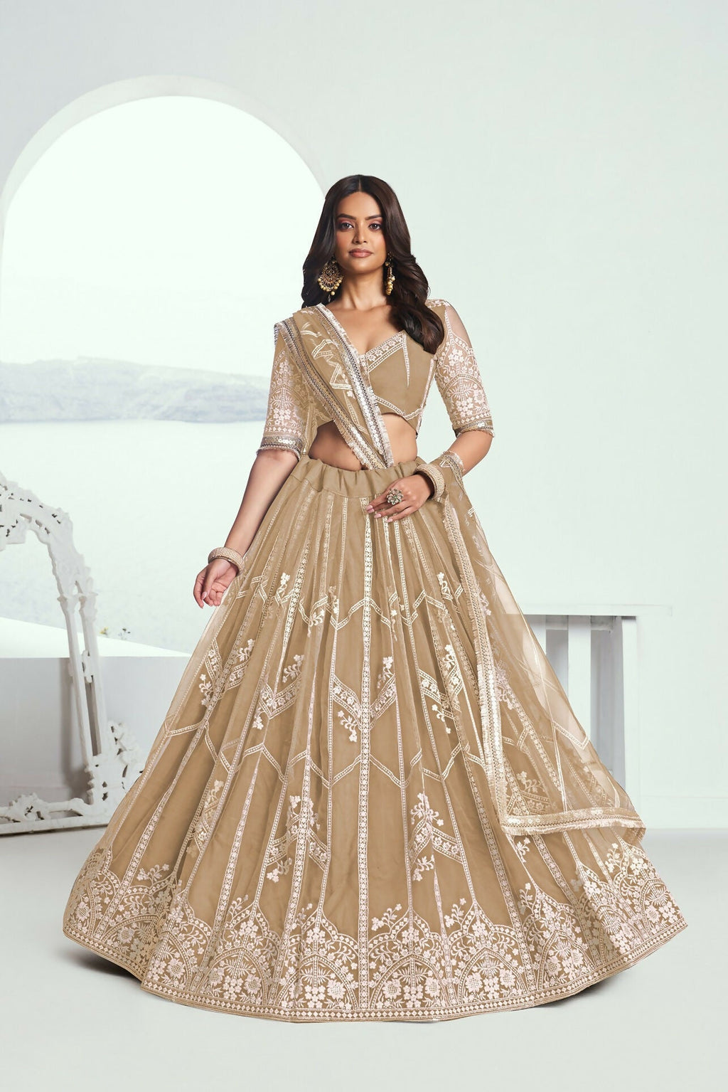 Eilara Charming Beige Thread Work Net Designer Lehenga Choli With Dupatta | Grocsy