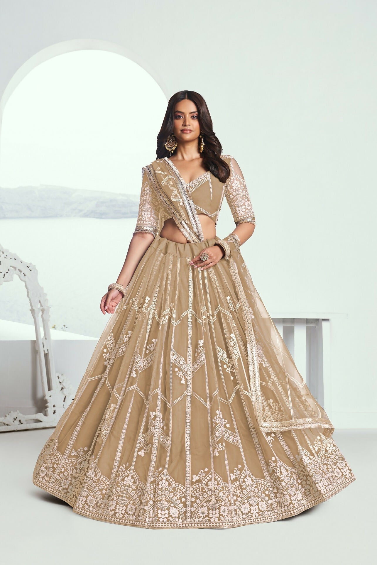 Eilara Charming Beige Thread Work Net Designer Lehenga Choli With Dupatta | Grocsy
