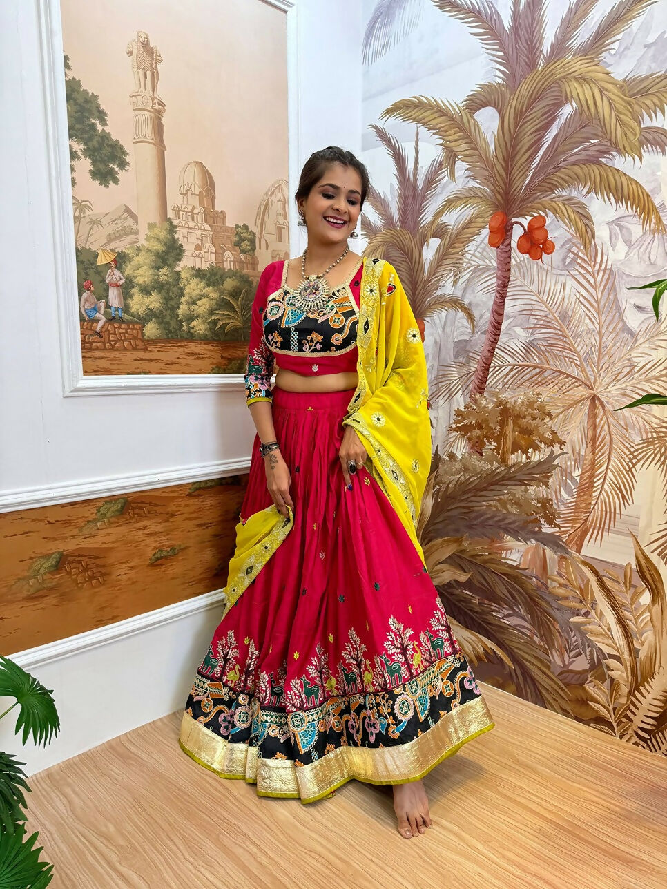 Teeya Creation Rani Colour Rayon Silk Embroidery Work Fully Stitched Navratri Lehenga | Grocsy