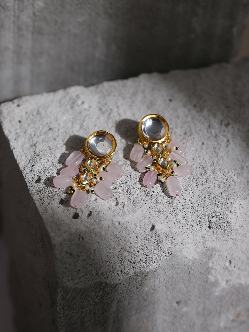 Gold-Toned White Kundan Contemporary Gold-Polished Drop Earrings - Ruby Raang | Grocsy
