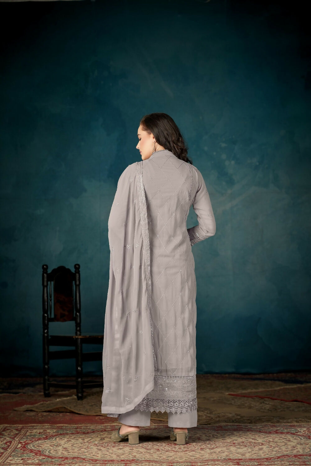 Anaita Grey Heavy Faux Georgette Stitched Suit with Embroidered Sequence Work | Grocsy