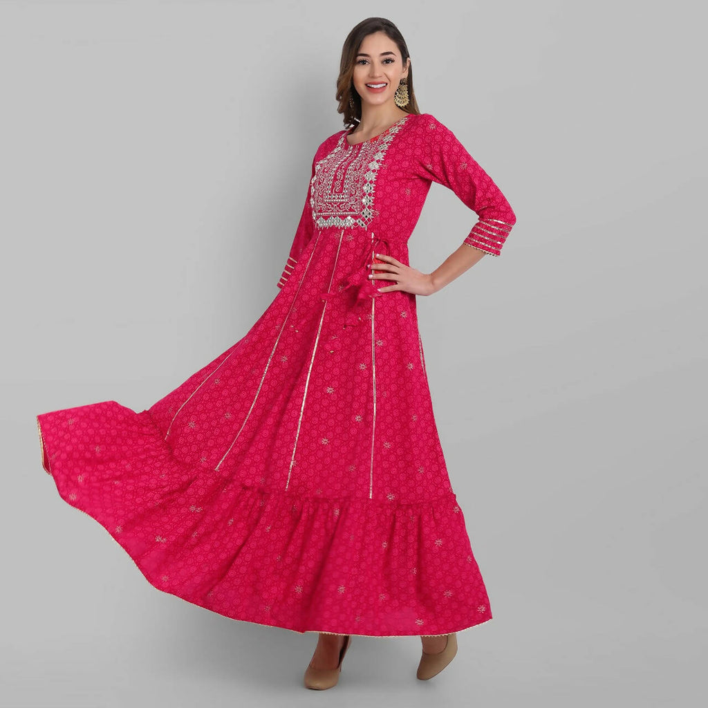 Juniper Fuchsia Rayon Festive Wear Embroidered Tiered Long Dress | Grocsy