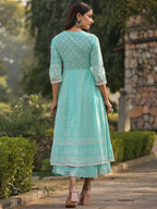 Juniper Women's Aqua Cambric Floral Printed Double Layered Kalidar Dress | Grocsy
