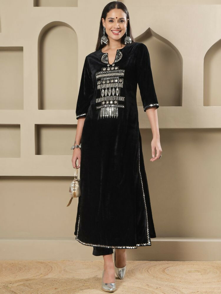 Joban Fashion Women Black Velvet Hand Embellishment Stitched Kurta Set | Grocsy