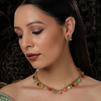 Multi Colored Stone in Gold Choker with Earrings (Multi Color) - Ruby Raang | Grocsy