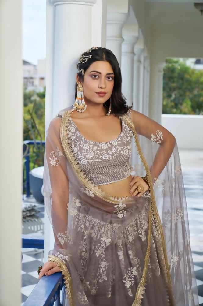 Aastha Fashion Light Dusty Brown Butterfly Net White Cotton Thread Work And Sequence Work Embroidery Wedding Wear Lehenga Choli | Grocsy