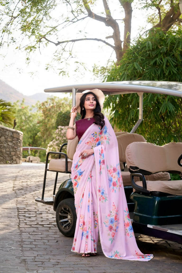 Vastranavya Baby Pink Weightless Marble Printed & Pearl Lace Border Saree with Unstitched Blouse | Grocsy