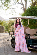 Vastranavya Baby Pink Weightless Marble Printed & Pearl Lace Border Saree with Unstitched Blouse | Grocsy