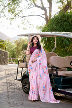 Vastranavya Baby Pink Weightless Marble Printed & Pearl Lace Border Saree with Unstitched Blouse | Grocsy