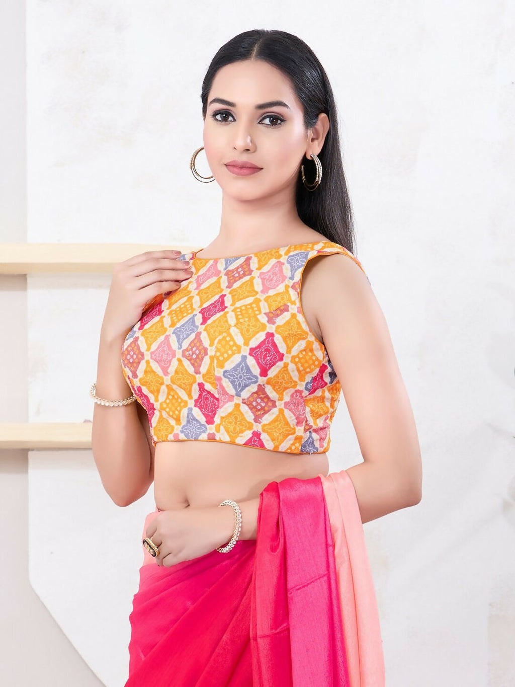 Joban Fashion Yellow Bandhani Sleeveless Back Open Blouse | Grocsy