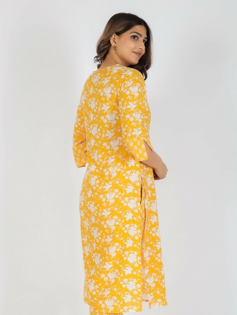 Aramya Yellow Soft Cotton Floral Straight Kurta for Women | Grocsy