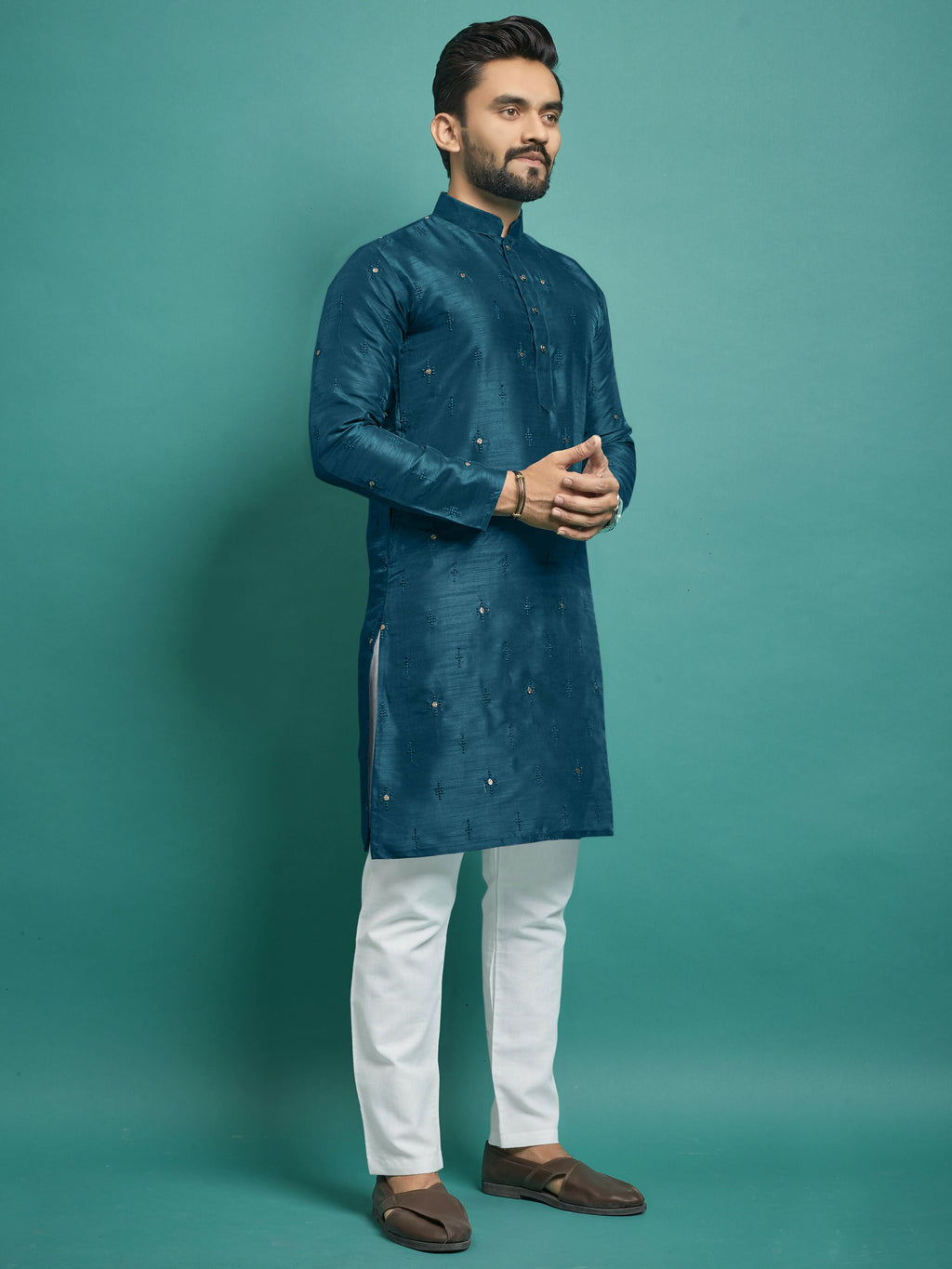 Mens Kurta Set Rama Blue Color Wedding Wear by Infinity Export | Grocsy